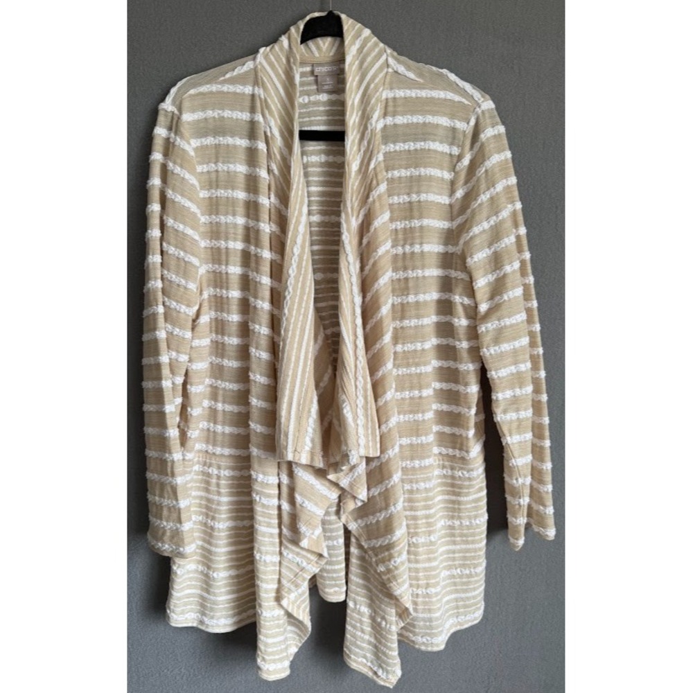Chico's Cardigan Sweater‎ Women Size 3 (XL) Beige Striped Open Front Lightweight